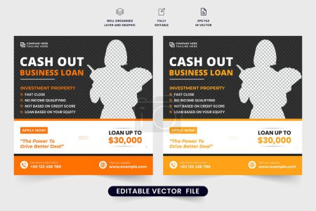 Illustration for Business loan social media post vector with orange and yellow colors. Modern bank loan advertisement template with lowest interest service. Personal loan promotional web banner design for banking. - Royalty Free Image