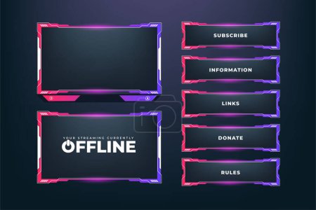 Illustration for Digital screen interface and border design for online gamers. Abstract gaming overlay decoration with white, pink, and purple colors. Futuristic streaming overlay with buttons and an offline screen. - Royalty Free Image