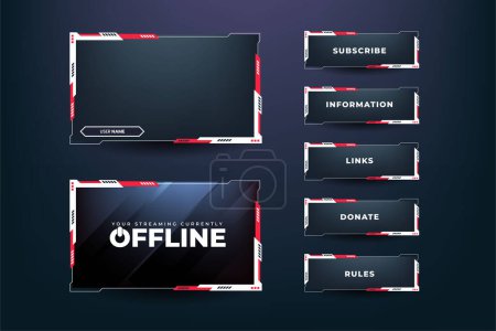 Illustration for Gamer broadcast screen panel decoration with red and white colors. Futuristic gaming screen interface design for live gamers. Abstract streaming overlay and screen border template vector. - Royalty Free Image
