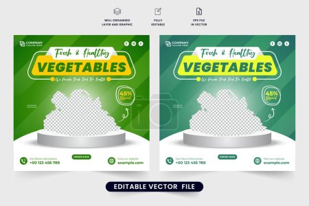 Healthy vegetable template design for social media marketing. Vegetarian food promotional web banner vector with photo placeholders. Fresh vegetable advertisement poster with green and yellow colors.