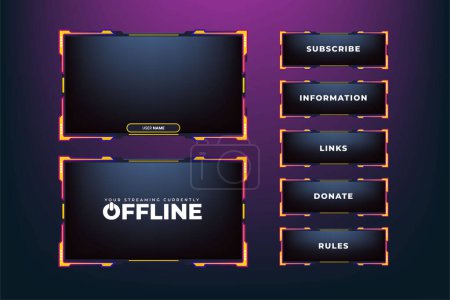 Illustration for Futuristic gaming overlay template. Online gaming overlay design with buttons. Broadcast screen interface design with yellow and purple colors. Live streaming screen vector on a dark background. - Royalty Free Image