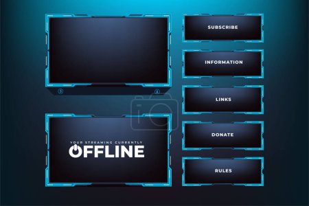 Illustration for Futuristic live streaming overlay vector with blue and dark colors. Streaming panel overlay template design with abstract shapes. Live gaming screen panel and broadcast frame design for gamers. - Royalty Free Image