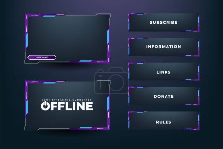 Gaming frame overlay design with creative shapes. Modern live streaming screen interface decoration with purple and blue colors. Futuristic gaming border design on a dark background.