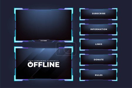 Illustration for Live streaming overlay for online gamers. Gaming frame and streaming template with blue color. Simple streaming overlay and screen interface vector on a dark background. Modern gaming frame design. - Royalty Free Image