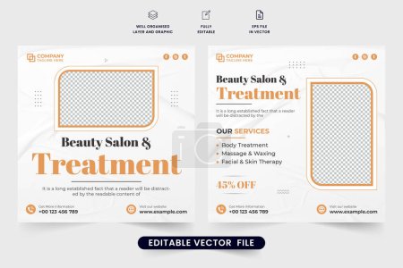 Illustration for Beauty salon treatment social media post vector with golden and dark colors. Salon and spa promotional web banner design with geometric shapes. Special body treatment and skincare template. - Royalty Free Image