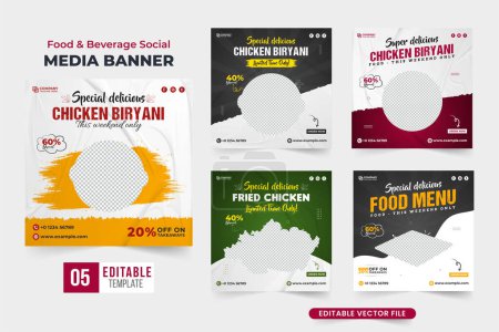 Illustration for Food and beverage social media post set vector for digital marketing. Restaurant business promotional template bundle with brush effects. Food advertisement web banner collection with dark colors. - Royalty Free Image
