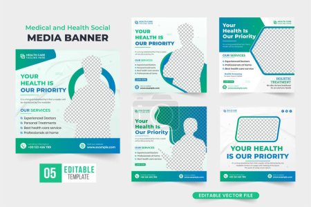 Illustration for Medical healthcare poster template collection for digital marketing. Hospital facilities and medical social media post set vector. Clinic promotional web banner design with blue and green colors. - Royalty Free Image