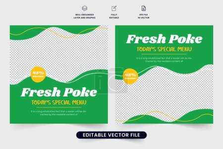 Illustration for Culinary promo template vector with green and yellow colors. Special food social media post design with abstract shapes. Fresh and healthy food menu advertisement template for restaurants. - Royalty Free Image