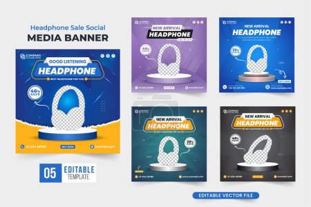 Illustration for Headphone brand advertisement template set vector with blue and yellow colors. Gadget sale social media post bundle design with abstract shapes. Headphone business promotional poster collection. - Royalty Free Image