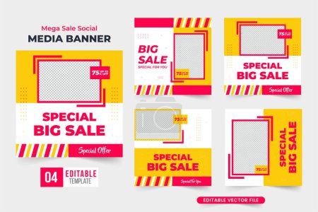 Illustration for Big sale social media post collection with red and yellow colors. Mega sale promotional web banner bundle vector for marketing. Fashion shop advertisement poster set design for business. - Royalty Free Image