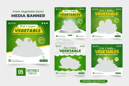 Illustration for Healthy food social media post set design with green and yellow colors. Organic vegetable sale discount template bundle for marketing. Fresh vegetable advertisement poster collection. - Royalty Free Image