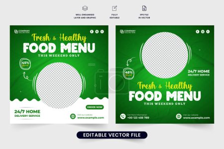 Illustration for Fresh and healthy food menu social media post design for the restaurants. Food menu discount template design with green and white colors. Online food business promotion template vector. - Royalty Free Image