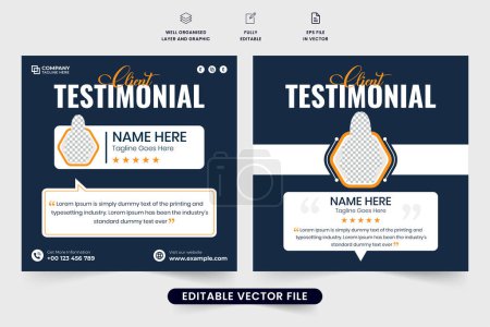 Illustration for Minimal client testimonial feedback layout design with creative shapes on a dark background. Corporate business customer review template vector. Client website review with yellow and white colors. - Royalty Free Image
