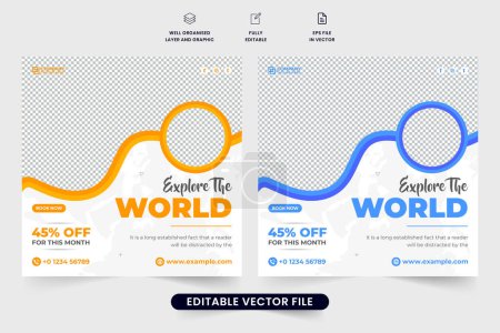 Illustration for Vacation trip planner agency promotion template vector for social media marketing. Travel business social media post design with abstract shapes. Touring group advertisement web banner vector. - Royalty Free Image