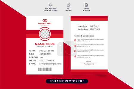Mitarbeiter- und Studentenausweis-Design mit Fotoplatzhaltern und roten Farben. Corporate Business ID Card Vektor für Mitarbeiter. Druckfertige Vorlage für Personalausweise.