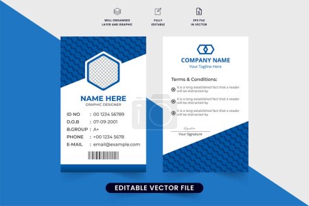 Illustration for Corporate business identity card vector design with geometric shapes and a photo placeholder. Minimalist ID card design with dark blue color. Professional identity card vector for school or office. - Royalty Free Image