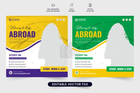 Illustration for Study abroad social media post vector with purple, green, and yellow colors. Abroad education promotional web banner design for marketing. Abroad study agency advertisement template vector. - Royalty Free Image