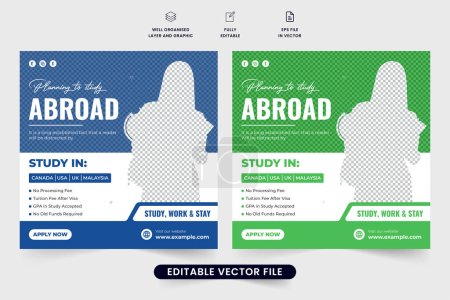 Illustration for Abroad education promotional web banner template for social media marketing. University admission advertisement poster design with photo placeholders. Abroad study social media post vector. - Royalty Free Image