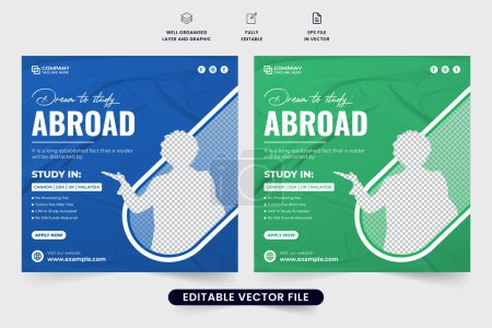 Illustration for Abroad university education social media post template with blue and green colors. College admission promotional poster design with photo placeholders. Modern education from abroad agency web banner. - Royalty Free Image