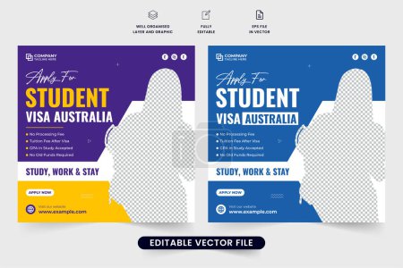 Illustration for Abroad scholarship and education facilities advertisement template with purple and blue colors. Study abroad social media post vector for marketing. University admission and study web banner design. - Royalty Free Image