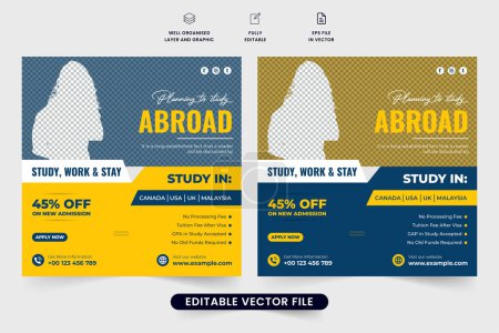 Illustration for Creative university admission poster design for social media marketing. Abroad scholarship and education promotion template with yellow and blue colors. Study abroad social media post design. - Royalty Free Image