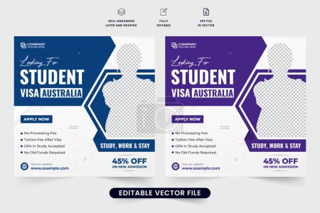 Illustration for Student application and study abroad promotional template design for social media marketing. Modern abroad education facilities poster design with photo placeholders. Abroad study agency web banner. - Royalty Free Image