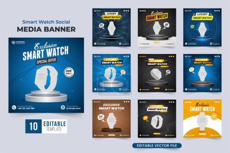 Exclusive watch sale template collection for social media marketing. Smart Watch promotion social media post set vector. Clock business advertising web banner template bundle with blue and dark colors