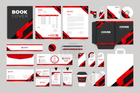 Diseño de identidad de marca para papelería de oficina con formas negras y rojas. Paquete de plantillas de identidad empresarial con formas creativas de marca. Diseño de papelería promocional comercial para branding.