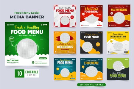 Illustration for Fresh and healthy food menu template bundle for social media promotion. Special food menu social media post set vector for restaurants. Culinary business advertisement poster collection. - Royalty Free Image