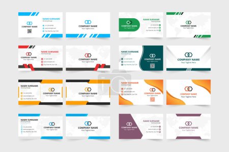 Illustration for Corporate identity card collection for employees. Modern business card bundle design with blue and golden colors. Professional visiting card set design with creative shapes. Printable business card. - Royalty Free Image