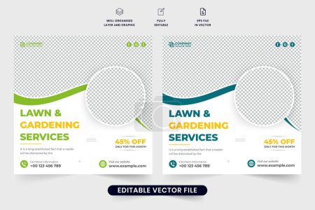 Illustration for Landscaping and mowing business promotional web banner design with photo placeholders. Gardening and farming service advertisement template design for marketing. Lawn and gardening social media post. - Royalty Free Image