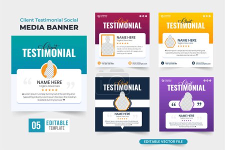 Illustration for Minimal client review layout design bundle for websites and social media marketing. Customer feedback and testimony template collection with aqua and purple colors. Buyer review social media post set. - Royalty Free Image
