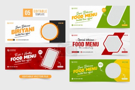 Illustration for Special food menu discount template collection for social media marketing. Culinary business commercial web banner set vector with yellow and red colors. Restaurant food advertisement banner bundle. - Royalty Free Image