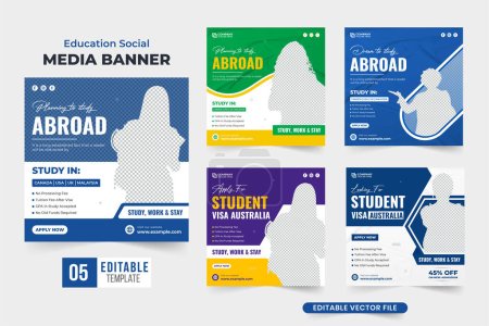 Study abroad social media post set vector with creative shapes. Modern abroad education promotional web banner collection with blue and yellow colors. Abroad scholarship advertisement template bundle.