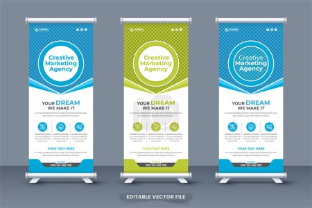 Téléchargez les illustrations : Creative marketing agency standee roll up banner vector with aqua and green colors. Business promotion and presentation banner design for marketing. Company advertisement roll up banner design. - en licence libre de droit