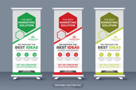Business exhibition banner design for a marketing agency with geometric shapes. Corporate business advertisement roll up banner vector with green and red colors. Roll up banner design for marketing.