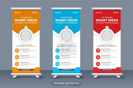 Téléchargez les illustrations : Marketing agency roll up banner design with photo placeholders. Corporate business promotional template design with orange, blue, and red colors. Business standee poster layout vector for marketing. - en licence libre de droit