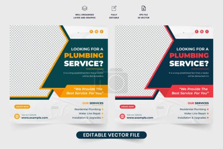Téléchargez les illustrations : Creative plumbing business promotional web banner design for social media marketing. Handyman service commercial poster design with yellow and red colors. Plumbing service social media post vector. - en licence libre de droit