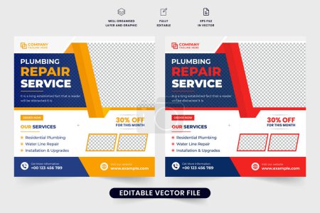 Téléchargez les illustrations : Plumbing service social media post vector with red and yellow colors. Handyman business promotional web banner design with creative shapes. Plumbing business poster template with photo placeholders. - en licence libre de droit