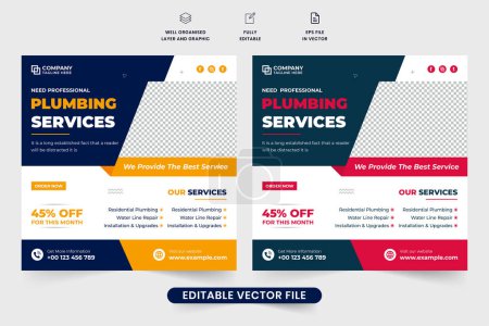 Téléchargez les illustrations : Professional plumbing service social media post vector with purple and red colors. Handyman and maintenance service advertisement template with photo placeholders. Plumbing business promotion poster. - en licence libre de droit