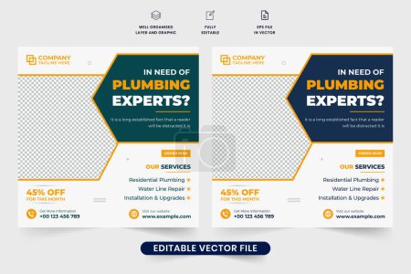 Téléchargez les illustrations : Plumbing expert hiring template vector with geometric shapes. Handyman service social media post design with photo placeholders. Home maintenance business poster design with yellow and dark colors. - en licence libre de droit