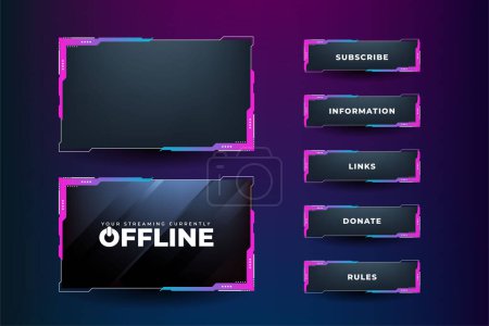 Illustration for Gaming screen panel design with pink and blue colors. Unique broadcast screen border design for online gamers and streamers. Streaming overlay vector on a dark background and with buttons. - Royalty Free Image