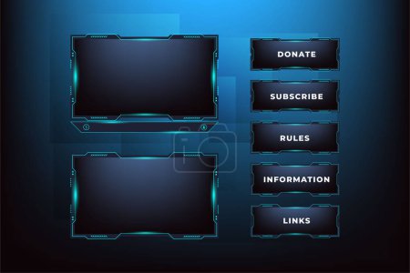 Illustration for Live broadcasting screen panel design with glowing blue colors. Online gaming channel frame border vector on a dark background. Streaming overlay and screen interface design with blue neon lights. - Royalty Free Image