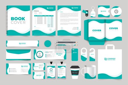 Téléchargez les illustrations : Company book cover, invoice, and letterhead design for brand identity. Special corporate identity template collection with aqua color. Business promotion stationery template with creative shapes. - en licence libre de droit