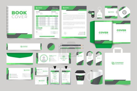 Téléchargez les illustrations : Creative corporate brand identity template collection with green and dark colors. Business promotional stationery bundle design for marketing. Company identity and advertisement template set vector. - en licence libre de droit