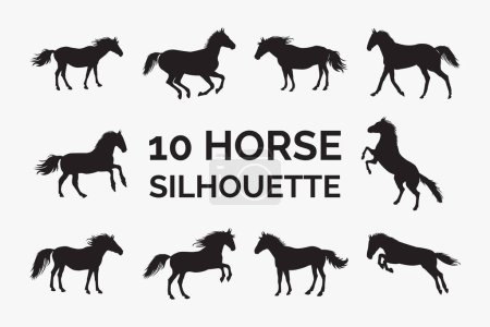 Ilustración de Horse silhouette design on a white background. Realistic horse silhouette vector collection for personal use. Dark knights in different position designs. Horse running, jumping, and standing vectors. - Imagen libre de derechos