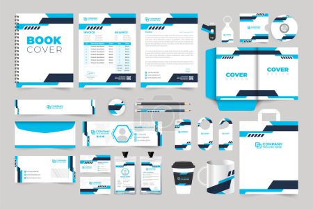 Téléchargez les illustrations : Modern business advertisement stationery set design with blue and dark colors. Corporate identity template with creative shapes. Brand promotion and identity invoice, letterhead, and envelope design. - en licence libre de droit