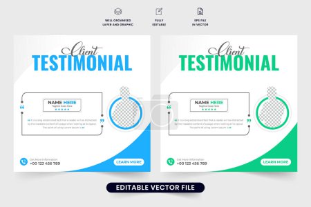 Ilustración de Creative company testimonial design with abstract shapes and quote sections. Customer service review and comment layout design for websites. Client feedback template vector with photo placeholders. - Imagen libre de derechos
