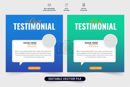 Ilustración de Customer service feedback and client testimonial template design with blue and green colors. Modern business promotion and client feedback layout vector. Customer quote layout with photo placeholders. - Imagen libre de derechos