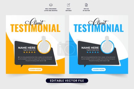 Illustration for Client testimonial and review template vector with yellow and blue colors. Modern business promotion and customer review layout design for marketing. Client feedback template with photo placeholders. - Royalty Free Image